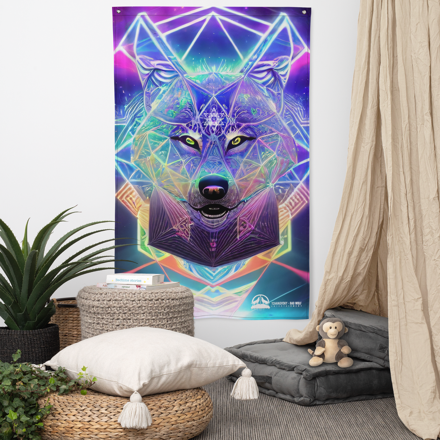 Sacred Geometric Cosmic Spirit Wolf Flag